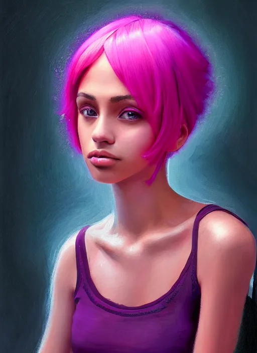 Image similar to portrait of teenage vanessa morgan with bright pink hair, vanessa morgan, curly pixie cut hair, wearing a purple breton cap, breton cap, hoop earrings, intricate, elegant, glowing lights, highly detailed, digital painting, artstation, concept art, smooth, sharp focus, illustration, art by wlop, mars ravelo and greg rutkowski