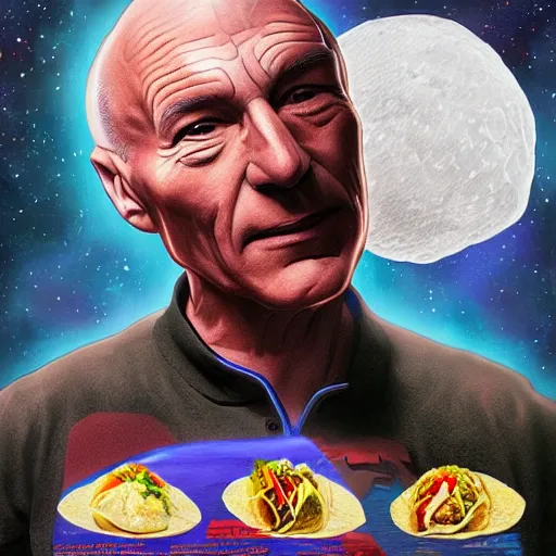 Prompt: picard on the moon eating tacos in a bathroom, ultra realistic, digital art, rich deep colors, smooth shadows, high resolution, cinematic