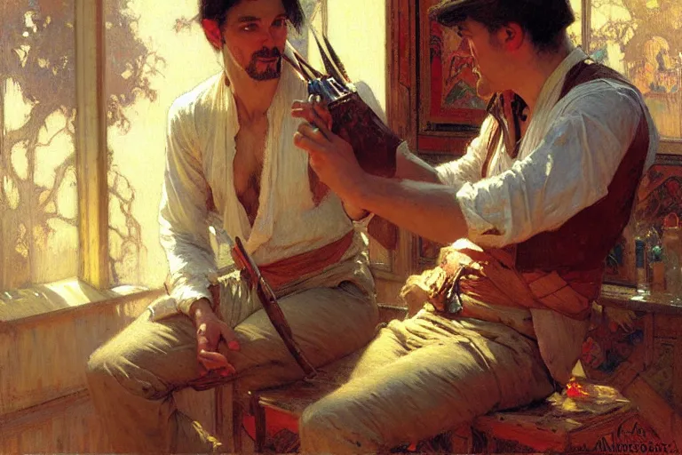 Image similar to attractive man, playing pinao, painting by gaston bussiere, craig mullins, greg rutkowski, alphonse mucha