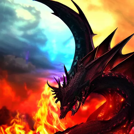 Image similar to Portrait of the black dragon Alduin breathing a rainbow-colored fire. 4k. Concept art. High detail. Unreal engine.