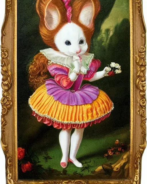 Image similar to A vintage rococo painting by Salvador Dalle Lisa Frank of the red queen chibi otter with her hair so pointy. Says to Alice the rogue chibi fox let's play a game. Paint all the roses red. In alices jumper dress she paints red all over the place. The stoic chibi white rabbit sits in the foreground watching this, staring at his pocket watch 3d render hd 5d digital art