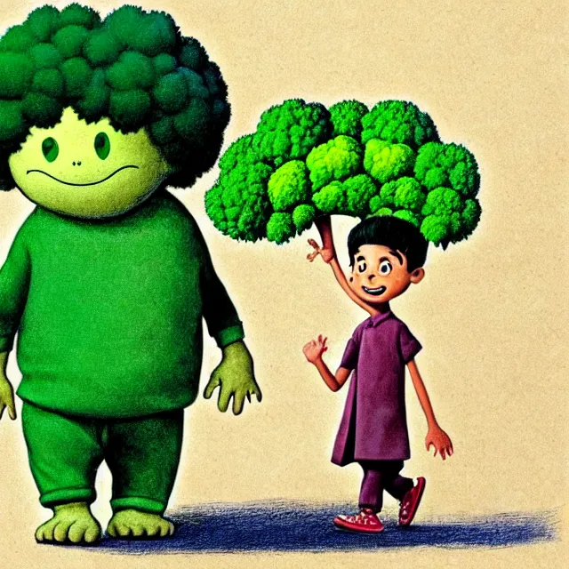 Prompt: professional kids book illustration of a Pakistani toddler boy walking beside a friendly anthropomorphic broccoli, best on artstation,, astonishing, impressive, outstanding, cheerful, stunning, masterpiece by Maurice Sendak and Bill Peet.