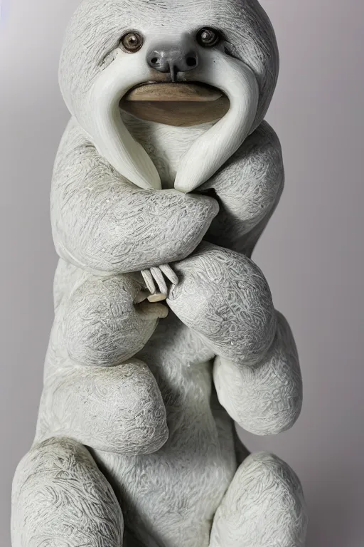 Image similar to white marble sculpture of a sloth wearing a tie, medium format film color photography