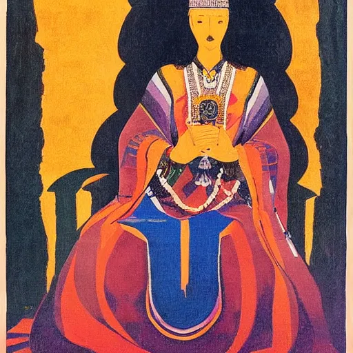 Image similar to a polish poster art representing a portrait of a queen on a carved stone throne by nicholas roerich, by gustave moreau, by james hawe, by yoshitaka amano, by georgia o keeffe, oil painting