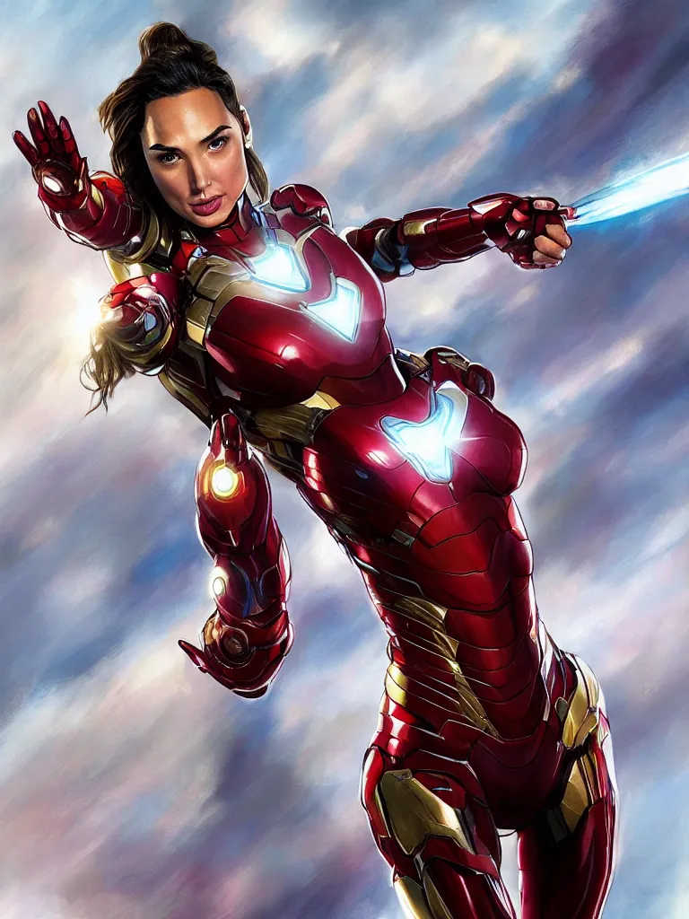 Image similar to gal gadot as ironman, fantasy illustration