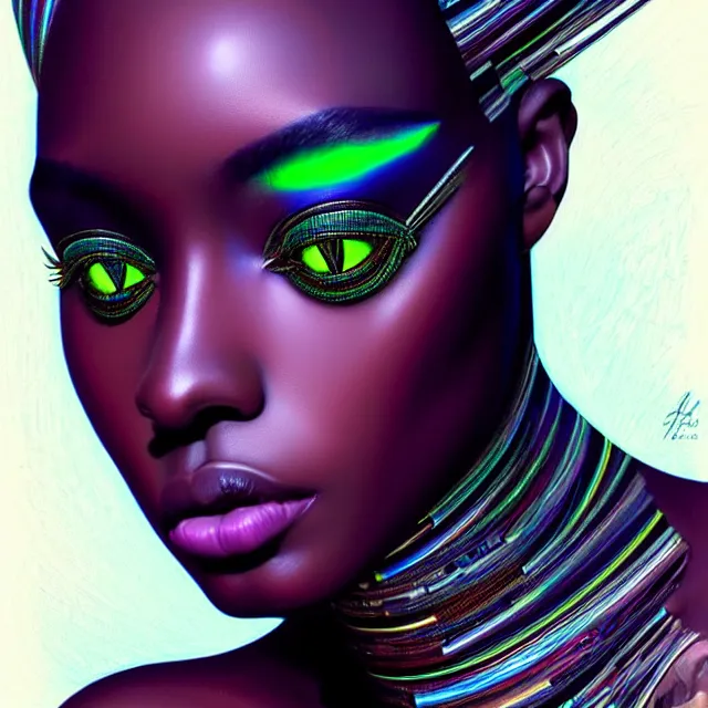 Image similar to african supermodel woman turning into an android portrait, dark surrealism, scifi, intricate, ornate, elegant, sharp eyebrows, platinum hair, highly detailed cybernetic body, neon glowing eyes, digital painting, artstation, concept art, smooth, sharp focus, illustration, art by artgerm and moebius and alphonse mucha