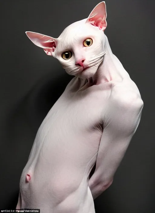 Prompt: bipedal hairless cat, pale man with the head of a cat, bald, smooth, silky, stunning, stealthy, cunning