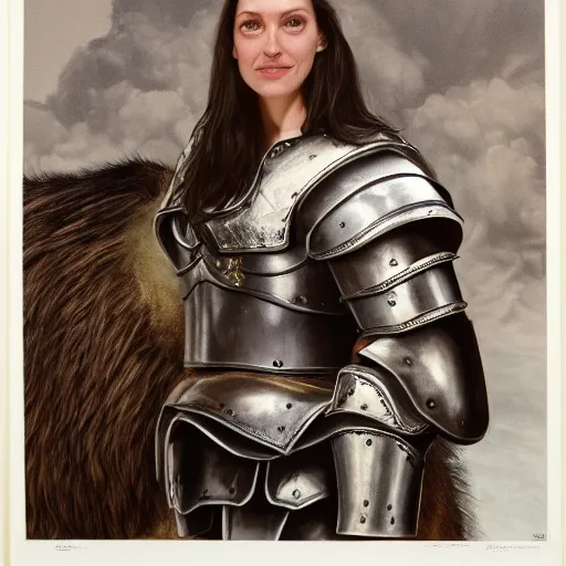 Image similar to beautiful brunette woman, wearing battle armor, riding woolly mammoth through new york city, photorealism, by richard estes and chuck close and ralph goings and charled bell.