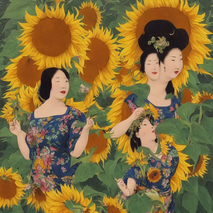 Prompt: The Chinese female deity of sunflowers dancing and singing to the world. Artwork by Raphael Hopper, and Rene Magritte. Detailed, romantic, enchanting, trending on ArtStation.