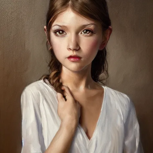 Image similar to A sincere-looking girl, oil on canvas, long white dress ,masterpiece, hi-fructose, artgerm , Norman rockwell, craig mullintrending on pxiv, highly detailed face, clear eyes concept art, hdri, 4k