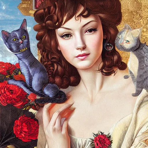 Prompt: cat dreamy, romantic, painting in the museum, highly detailed, sharp focus, digital painting, artwork, by Victor Adame Minguez by Yuumei by Tom Lovell by Sandro Botticelli