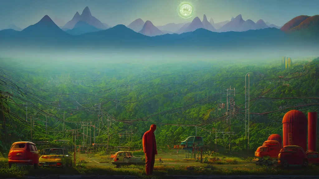 Image similar to Nuclear Nature Solarpunk harmony; the mountains and city are towered over by giant nuclear power plants covered with foliage; by Oswaldo Moncayo; by Simon Stålenhag, oil on canvas; Art Direction by James Cameron; Location: Quito Ecuador 4K, 8K; Ultra-Realistic Depth Shading