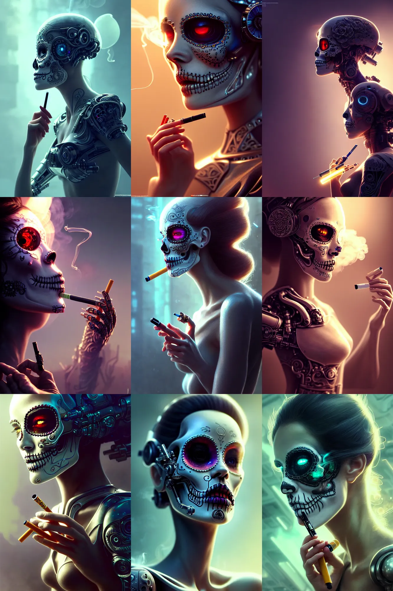 Prompt: ultra detailed beautiful female android smoking a cigarette, scifi, cyborg, fantasy, ( dia de los muertos ), cinematic, intricate detailed environment, global illumination, octane render, concept art. smoke, calm. photorealistic art by godmachine and michael welan and rossdraws and artgerm and greg rutkowski and wlop. 8 k, hdr