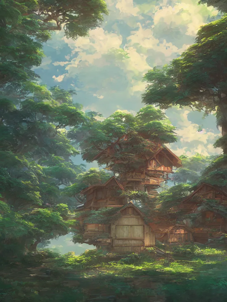 Prompt: a beautiful painting of a gucci cottage tree house, anime landscape, morning light, in the style of ross tran, studio ghibli and kay john yim, cgsociety highly detailed, 8 k