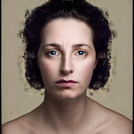 Image similar to realistic studio portrait, a blend of a human face with a dog face, dog human hybrid, in the style of annie leibovitz