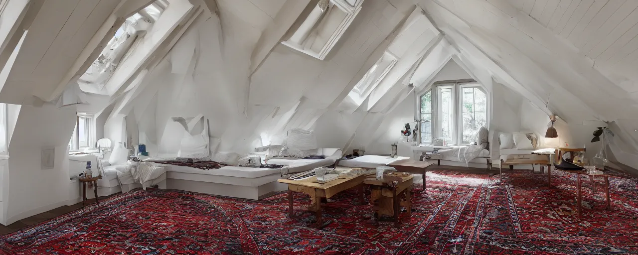 Image similar to low ceiling attic, with matte white painted ceiling, with 2 rectangular windows opposing each other, with a large square window in the back right corner of the room, with exquisite turkish and persian rugs on the polished plywood floor, XF IQ4, 150MP, 50mm, F1.4, ISO 200, 1/160s, natural light