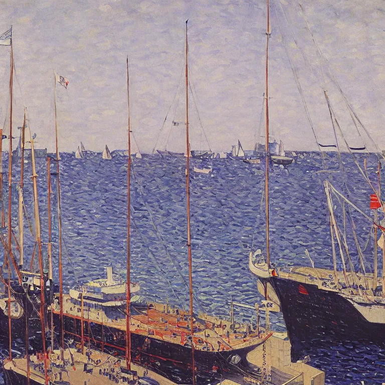 Image similar to a master gouache painting of a big ship docked at the harbor, central composition, shape obvious, sharp focus, very detaied, by gustave caillebottet