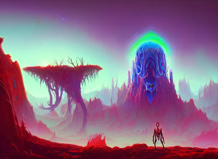 Prompt: a psychedelic landscape of omin dran skeletal mind flayer psion, vibrant color scheme, highly detailed, in the style of romanticism, cinematic, artstation, moebius, greg rutkowski