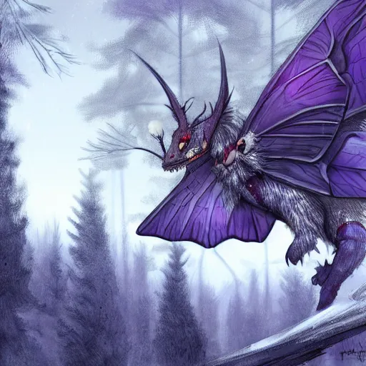 Prompt: realistic moth dragon, furry, long tail and antennae, grey and purple color scheme, in a snowy pine forest, dynamic shadows, dynamic colors, trending on artstation, in the style of enki bilal