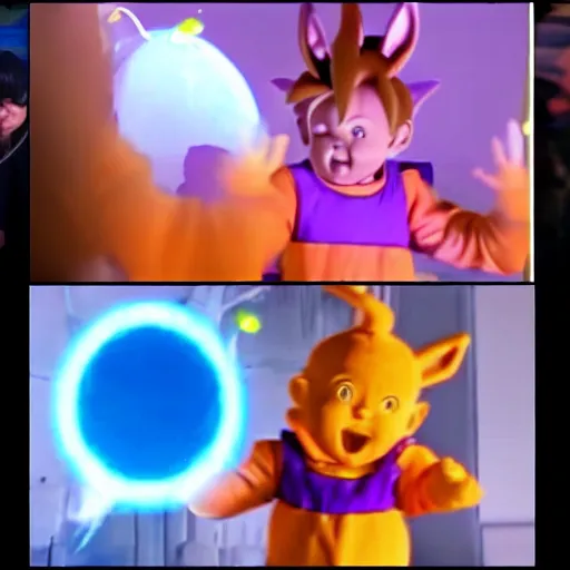 Image similar to goku playing with the teletubbies