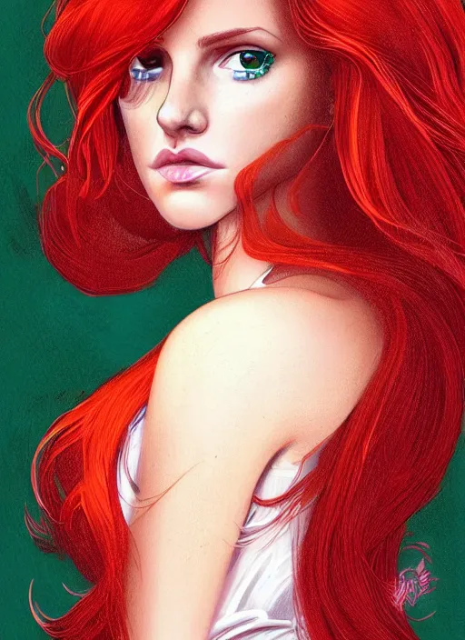 Image similar to full body portrait of teenage cheryl blossom, bangs, green eyes, mischievous expression, red hair, sultry smirk, bangs and wavy hair, 1 9 8 0 s, intricate, elegant, glowing lights, highly detailed, digital painting, artstation, concept art, smooth, sharp focus, illustration, art by wlop, mars ravelo and greg rutkowski