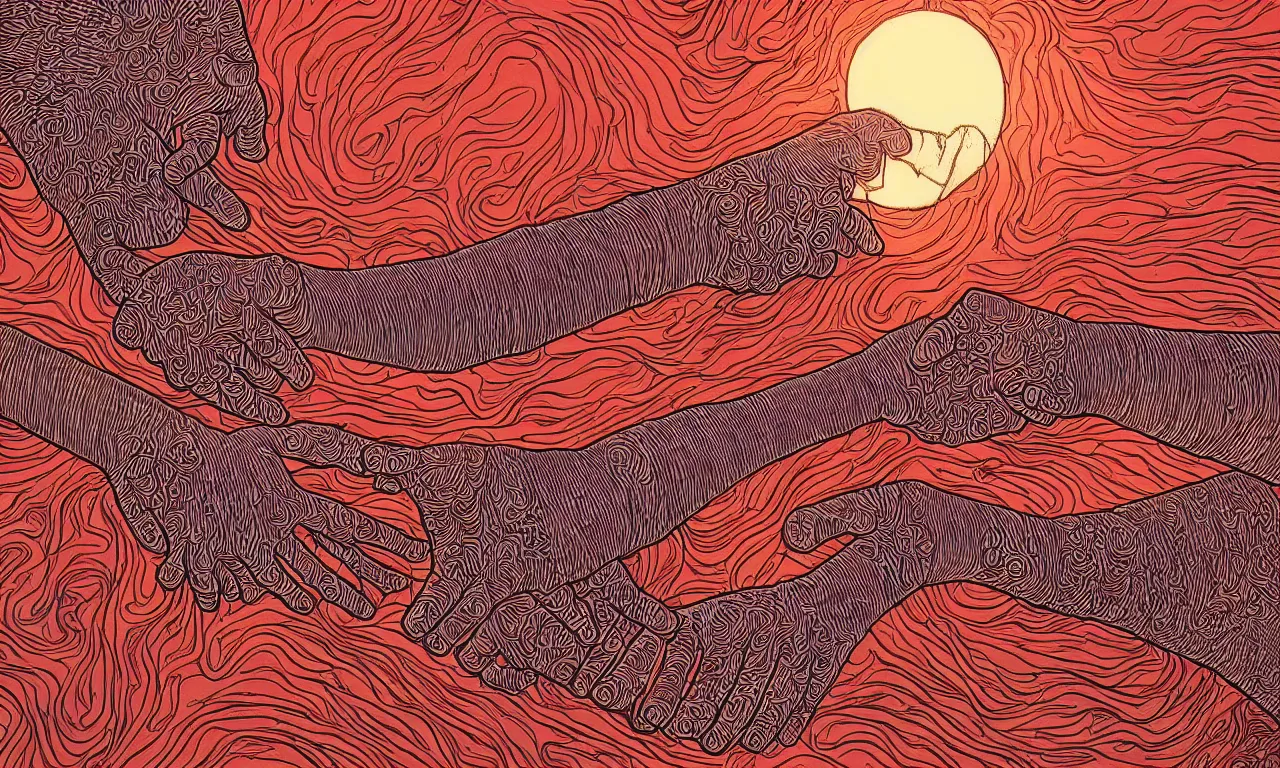 Prompt: intricate illustration of a strong handshake and interlocking arms against a background of sillicon chip blood vessels sunset at sunset in the style of jean giraud cinematic