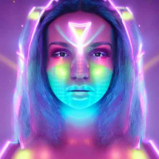 Image similar to A head and shoulders portrait of a Prismatic Spectrum Cosmic Magical Girl from the Rainbow Sky Paradise playing Dance Dance Revolution at Eurovision and Tomorrowland, full round face, beautiful piercing symmetric eyes, slight smirk, medium shot, lit by flashing pixel light, ambient occlusion, DAZ, cinematic lighting, 3D render, glowing neon, unreal engine 5