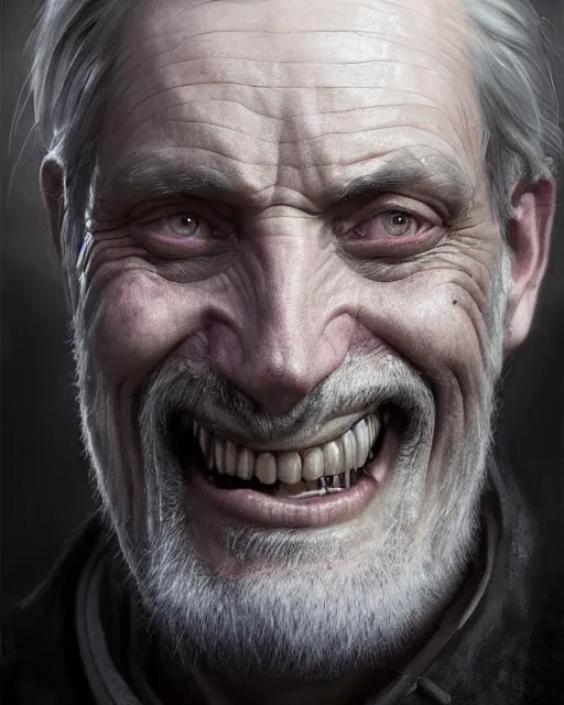 Prompt: epic portrait cinematic shot an crazy scientist smilling wide with wide eyes, creepy, old man, long sharp nose, sharp jaw, gray hair, fine details. night setting. realistic shaded lighting poster by craig mullism, artgerm, jeremy lipkin and michael garmash, unreal engine, radiant light, detailed and intricate environment, digital art, trending on art station,