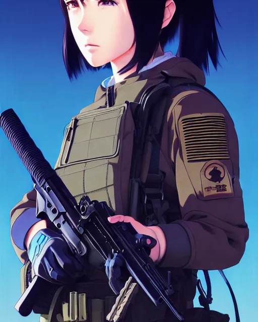 Image similar to girl wearing tactical gear, very anime, fine - face, audrey plaza, realistic shaded perfect face, fine details. anime. realistic shaded lighting poster by ilya kuvshinov katsuhiro otomo ghost - in - the - shell, magali villeneuve, artgerm, jeremy lipkin and michael garmash and rob rey