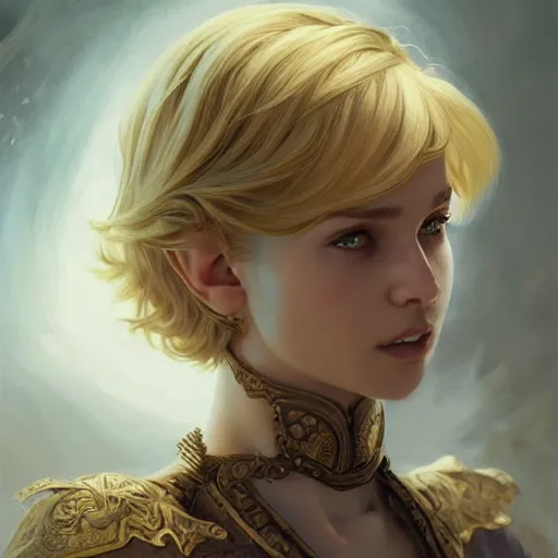Image similar to an epic fantasy comic book style portrait painting of a young blonde girl with pixie haircut wearing plain thief clothes, confident, d & d, fantasy, intricate, elegant, highly detailed, digital painting, artstation, concept art, matte, sharp focus, illustration, art by artgerm and greg rutkowski and alphonse mucha