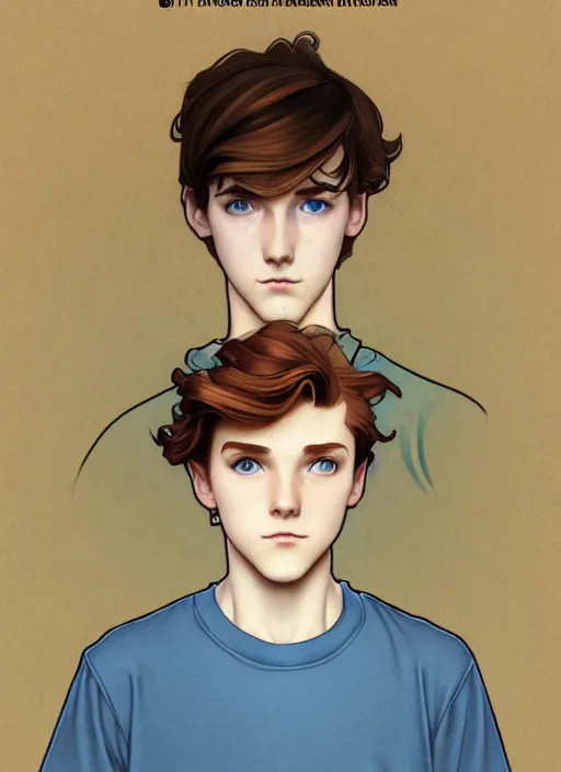 Image similar to art nouveau portrait of a teen boy with completely straight auburn hair, light blue eyes, pale skin, freckles, sad expression, t - shirt, modern casual clothing, natural lighting, path traced, highly detailed, high quality, cartoon, digital painting, by don bluth and ross tran and studio ghibli and alphonse mucha