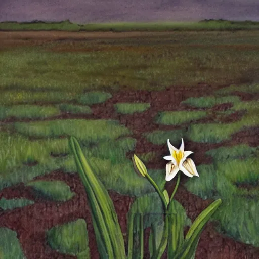 Image similar to a lone lily growing in a field of mud, realistic water colour