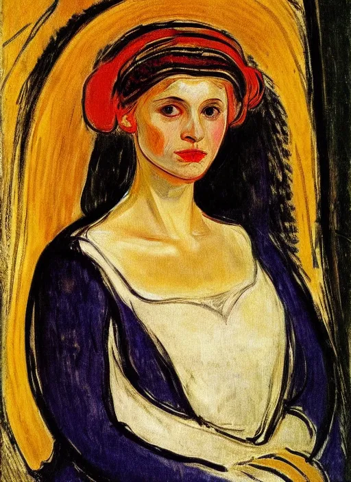 Image similar to portrait of young woman in renaissance dress and renaissance headdress, art by edvard munch