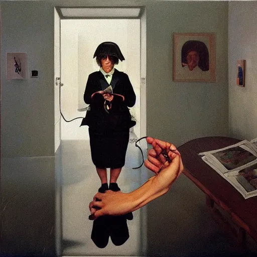 Image similar to A conceptual art. A rip in spacetime. Did this device in her hand open a portal to another dimension or reality?! photorealism by Albrecht Anker, by Cory Arcangel, by Eric Fischl saturated, hyperdetailed