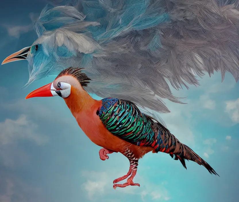 Image similar to a realistic photo of a semi - translucent creature made of birds, creature wrinkles feathers exotic morphing hoopoe, pheasant skin merged sky animal, atlantic puffin, turaco morphing chicken, clear, global illumination, refraction, king vulture head, displacement map, bump map, normal map