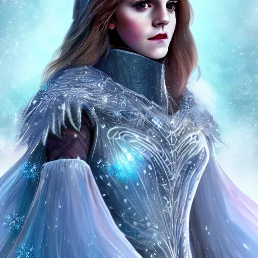 Image similar to Portrait shot of Emma Watson as the Queen of Ice, Ice crystal armor, snow falling, concept art, 4k, digital art, trending on art station, hd, doll, colorful backdrop