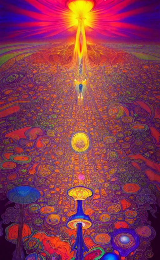 Prompt: An extremely psychedelic aerial view of black rock city at night, colorful, surreal, dramatic lighting, magic mushrooms, psilocybin, LSD, face, detailed, intricate, elegant, highly detailed, digital painting, artstation, concept art, smooth, sharp focus, illustration, art by Krenz Cushart and Artem Demura and alphonse mucha