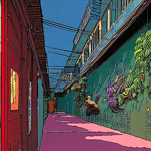 Image similar to an alley in singapore, art by moebius