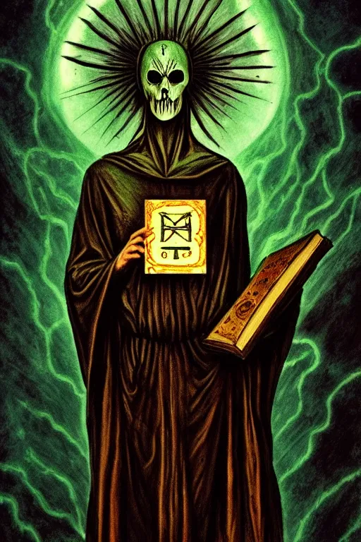 Prompt: dark angel holding a book of necronomicon, tarot card, illustration by aleister crowley, symmetrical, cinematic, sharp focus, 4 k, ultra hd, sense of awe, sinister demonic atmosphere, dreadful, forbidden knowledge, old gods. demonology