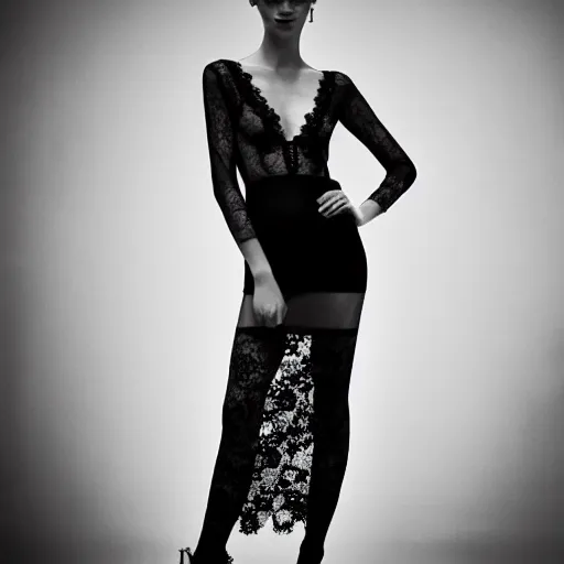 Image similar to sheer dress with plunging neckline and lace sleeves. award-winning fashion photography. intimate and vulnerable lighting. JUST THE DRESS. THERE IS NO HUMAN IN THIS IMAGE. PHOTOGRAPHY OF THE CLOTHES ONLY 130mm bw fashion photography.