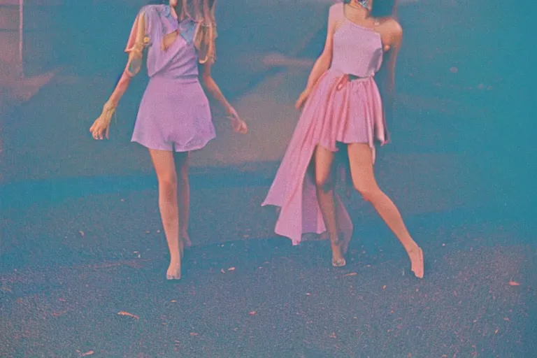 Prompt: film photography, 35mm, 1970s, love and romantic in blue pink colors, feeling of young and freedom