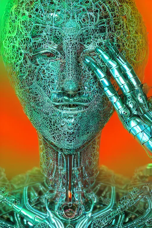 Image similar to a melancholic realistic 8k sculpture of a complex robotic human face, liquid metal simulation, bright psychedelic neon colors, dark dramatic lighting, hexagonal mesh wire, filigree intricate details, cinematic, fleshy, red blossoms, green ivy, elegant, 50mm lens, DOF, octane render, art nouveau, 8k post-processing, intricate art by greg rutkowski