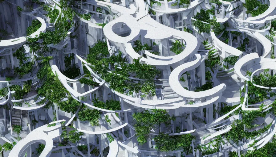 Prompt: Concept art of a white buildings in spiral form with garden on the balconies, hyperdetailed, artstation, cgsociety, 8k