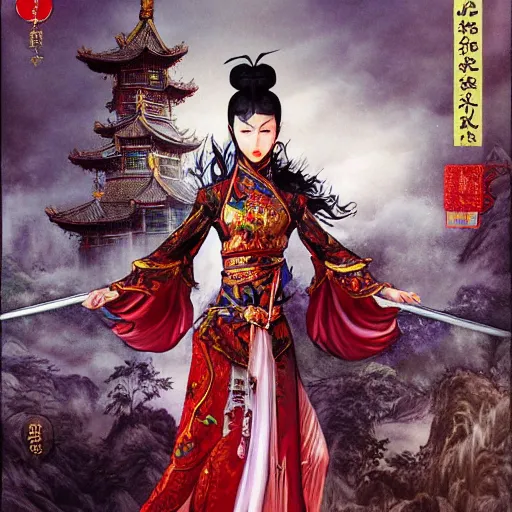 Prompt: An epic fantasy comic book style portrait painting of a gorgeous sword dance Chinese costume woman, long hair, smoke, full body XIANXIA, Chinese temple, depth of field by Yoji Shinkawa 4k