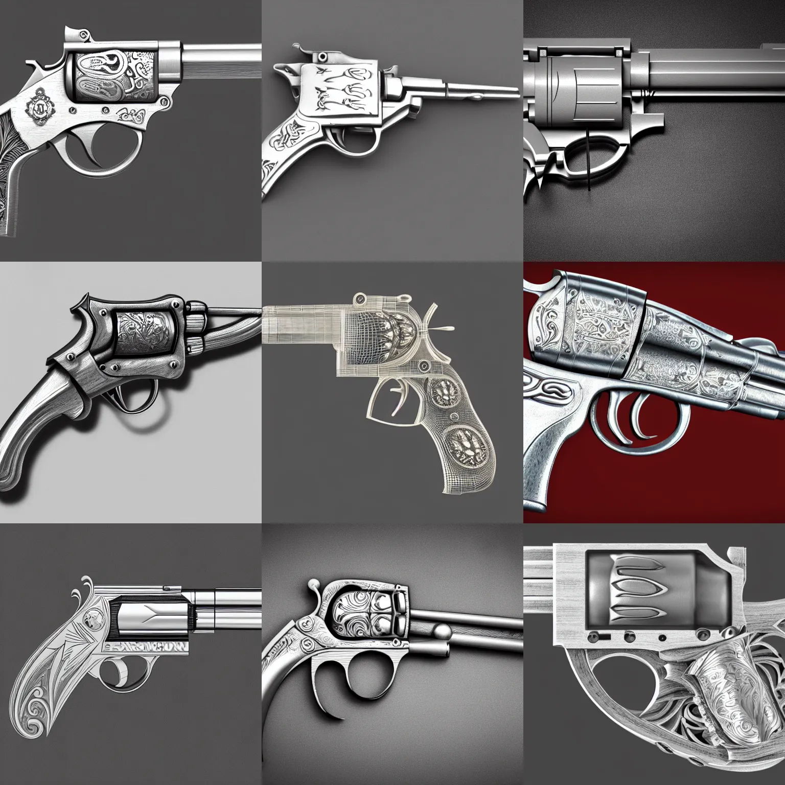 Prompt: 3d render of a silver revolver with engravings, high detail, complex