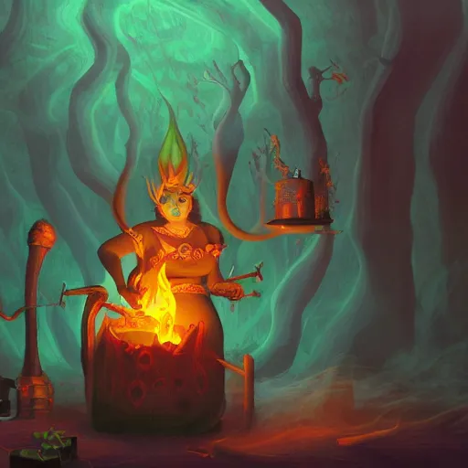 Prompt: wide shot of an old fire witch brewing in the style of flooko, detailed, fire, smoke, realism, realistic, hyper detailed, green lighting, ambient lighting, smoke, haze,