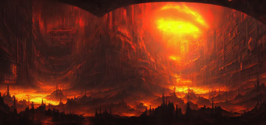 Image similar to baroque oil painting of environment of a hell portal in a cyberpunk world, brutalist, dark fantasy, sunset, rule of thirds, digital cel shading, fake hidden detail, trending on pixiv fanbox