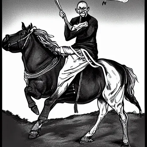 Prompt: gandhi, riding horse, comic style, by arthur adams, black and white