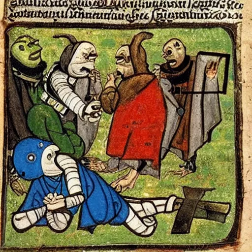 Image similar to page from a 1 4 th century monk's manuscript illustrating an epic battle between r 2 d 2 and pepe the frog