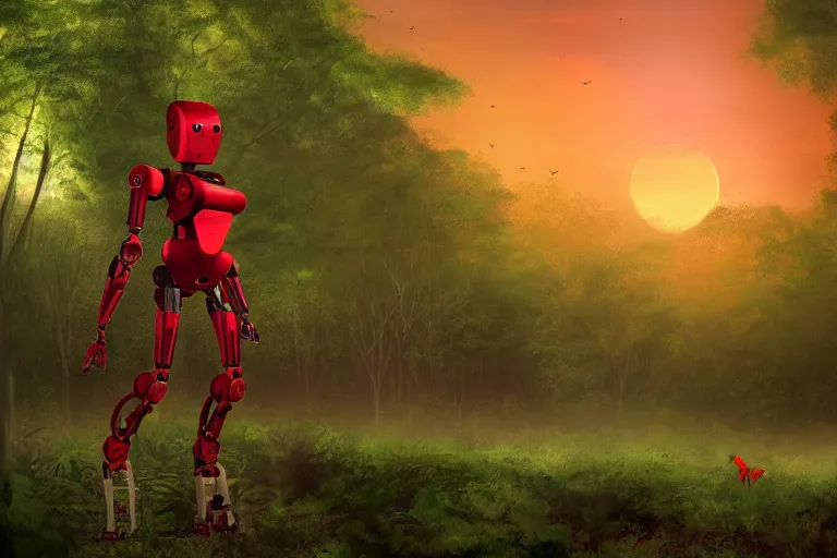 Prompt: gorgeous scarlet organic android robot walking throught the forest during a beautiful sunset, jungle mountains in the background with immense trees, highly detailed, trending on art station, flying birds in the distance